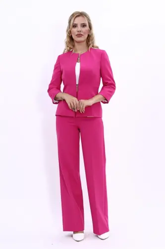 Oval Collar Short Jacket & Wide Leg Pants Suit-fuchsia-Fuchsia - 5