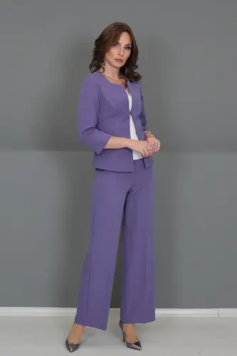 Oval Collar Short Jacket & Wide Leg Pants Suit-lilac-Lilac 