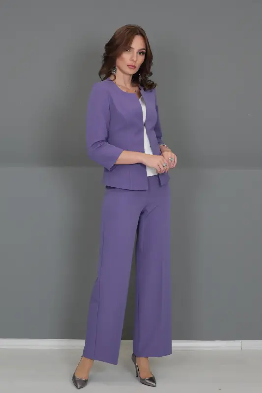 Oval Collar Short Jacket & Wide Leg Pants Suit-lilac-Lilac - 1
