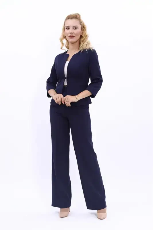 Oval Collar Short Jacket & Wide Leg Pants Suit-Navy Blue-Navy Blue - 1