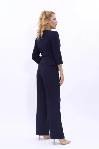 Oval Collar Short Jacket & Wide Leg Pants Suit-Navy Blue-Navy Blue - 4