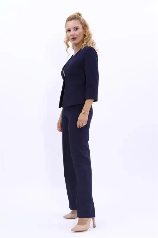 Oval Collar Short Jacket & Wide Leg Pants Suit-Navy Blue-Navy Blue - 5