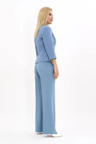 Oval Collar Short Jacket & Wide Leg Pants Suit-sea-Light Blue - ÖNDER ÖZSOY (1)