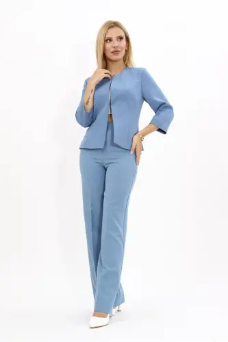 Oval Collar Short Jacket & Wide Leg Pants Suit-sea-Light Blue 
