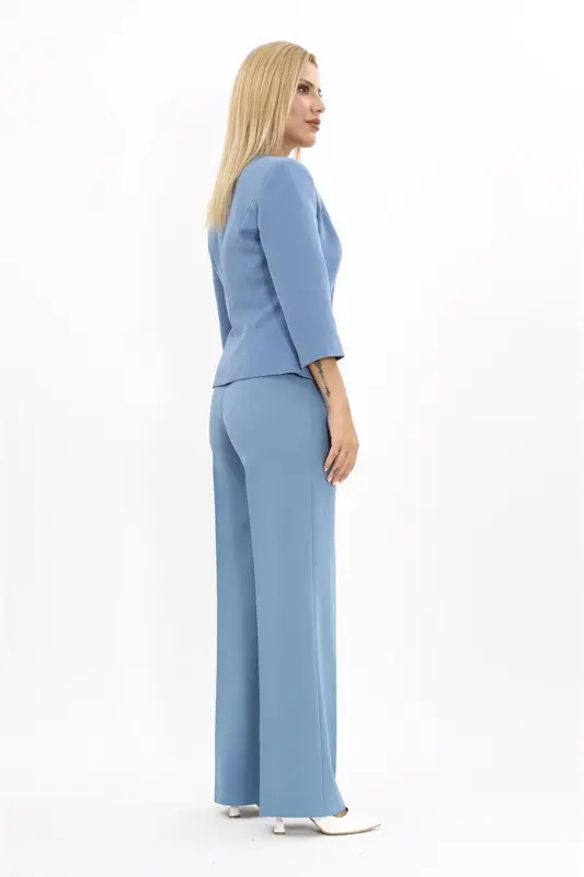 Oval Collar Short Jacket & Wide Leg Pants Suit-sea-Light Blue - 2