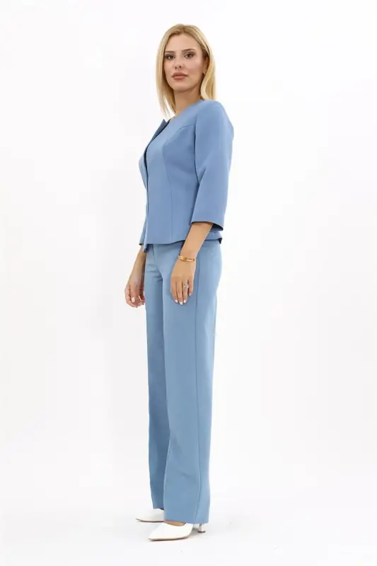 Oval Collar Short Jacket & Wide Leg Pants Suit-sea-Light Blue - 3