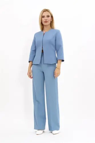 Oval Collar Short Jacket & Wide Leg Pants Suit-sea-Light Blue - 4