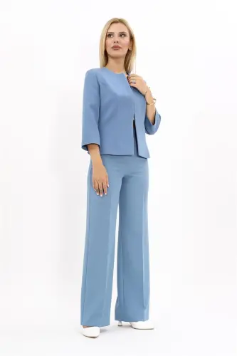 Oval Collar Short Jacket & Wide Leg Pants Suit-sea-Light Blue - 5