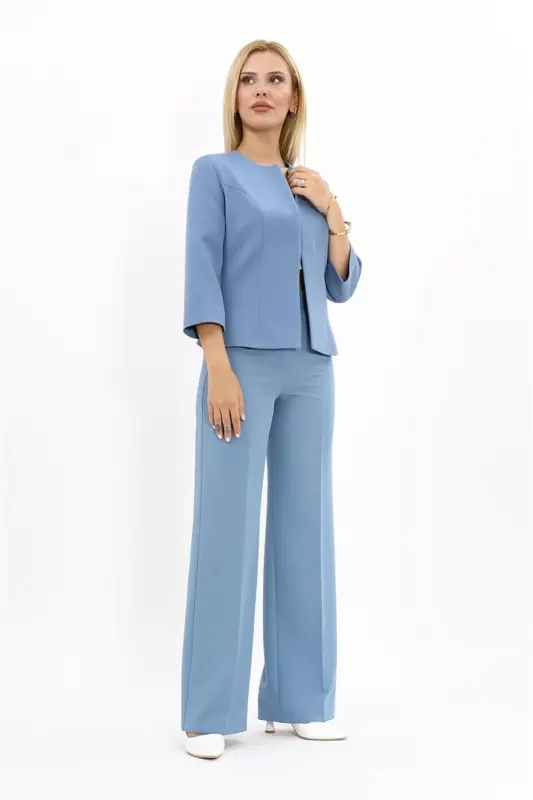 Oval Collar Short Jacket & Wide Leg Pants Suit-sea-Light Blue - 5