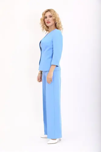 Oval Collar Short Jacket & Wide Leg Pants Suit-Sky-Baby Blue - 4