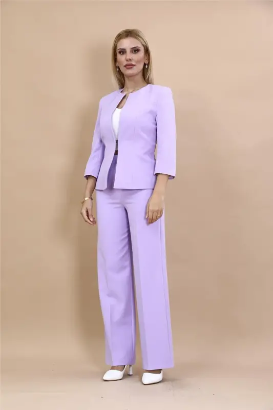 Oval Collar Short Jacket & Wide Leg Pants Suit-Violet-Light Lilac - 1
