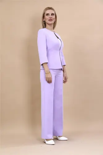 Oval Collar Short Jacket & Wide Leg Pants Suit-Violet-Light Lilac - ÖNDER ÖZSOY (1)