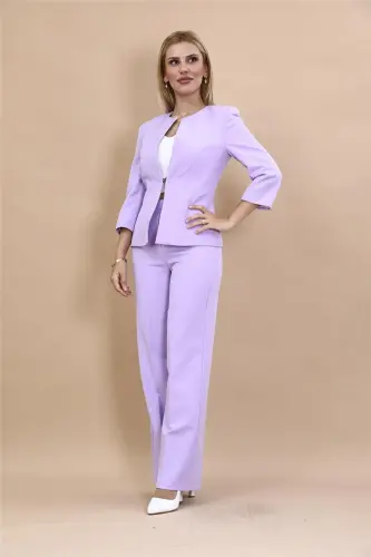 Oval Collar Short Jacket & Wide Leg Pants Suit-Violet-Light Lilac - 3