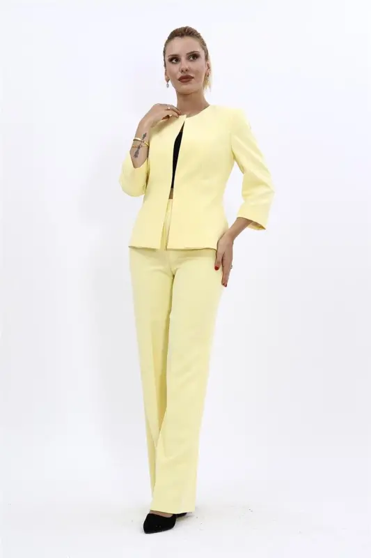 Oval Collar Short Jacket & Wide Leg Pants Suit-Yellow-Yellow - ÖNDER ÖZSOY