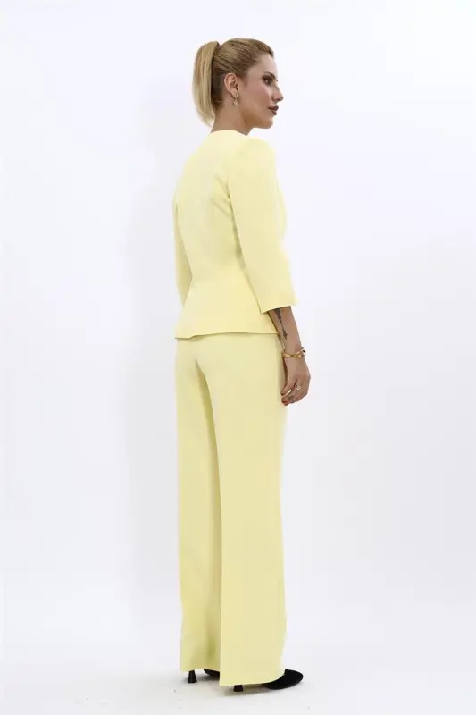 Oval Collar Short Jacket & Wide Leg Pants Suit-Yellow-Yellow - 2