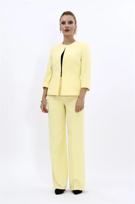 Oval Collar Short Jacket & Wide Leg Pants Suit-Yellow-Yellow - 4