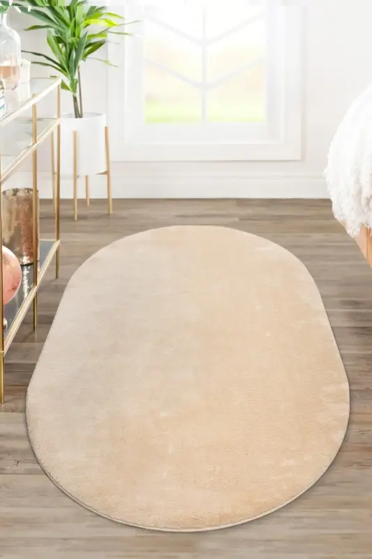 Oval Comfort Overlock Plush Carpet Beige-Fringe-free Beige - 2