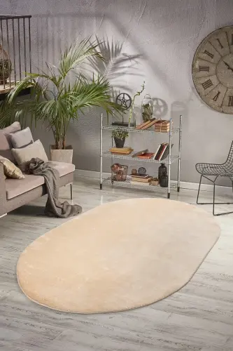 Oval Comfort Overlokli Peluş Gilam Bej-Sochaksiz Bej 