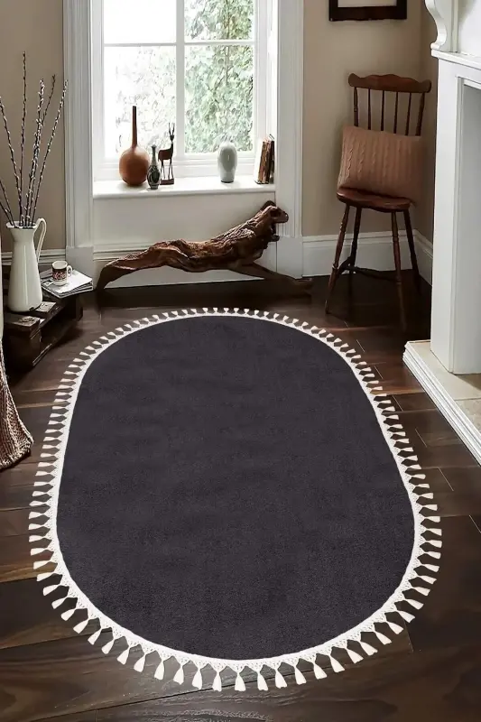 Oval Comfort Pompon Fringed Plush Rug Anthracite-Fringed Oval Anthracite - 2
