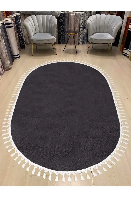 Oval Comfort Ponpon Saçaklı Peluş Halı Antrasit - Saçaklı Oval Antrasit - 1