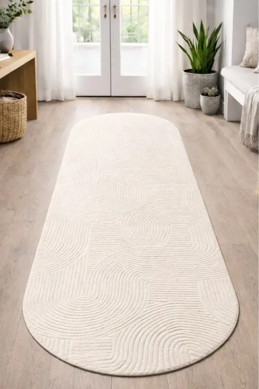 Oval Cut Fluffy Joy Relief Non-Slip Base Washable Rug Carpet Living Room, Kitchen Hallway Cream - Kremmx - 1