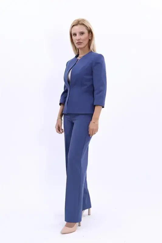 Oval Neck Short Jacket & Wide Leg Pants Set - Indigo - 2