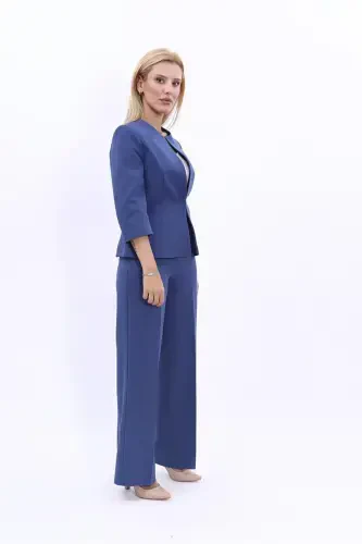 Oval Neck Short Jacket & Wide Leg Pants Set - Indigo - 3