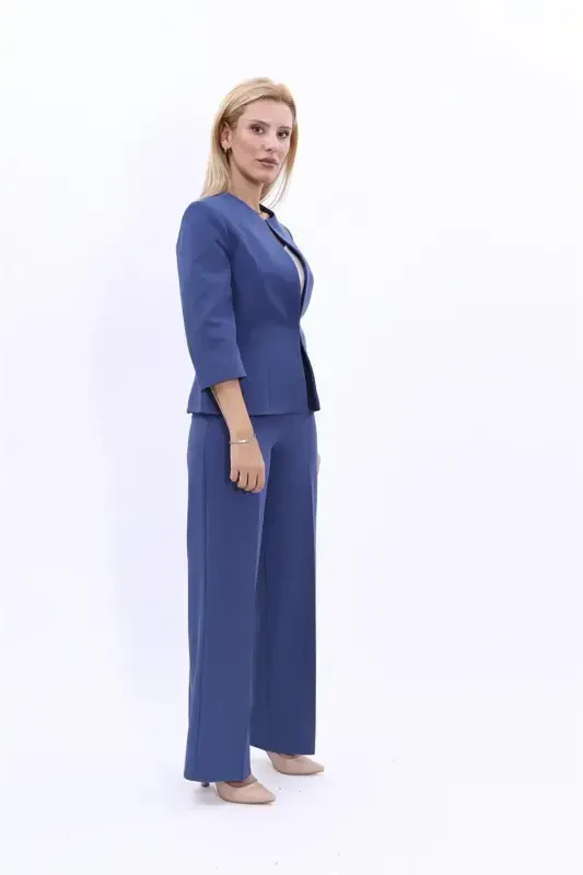 Oval Neck Short Jacket & Wide Leg Pants Set - Indigo - 3