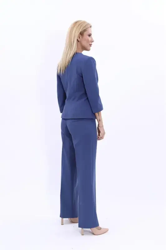 Oval Neck Short Jacket & Wide Leg Pants Set - Indigo - 4