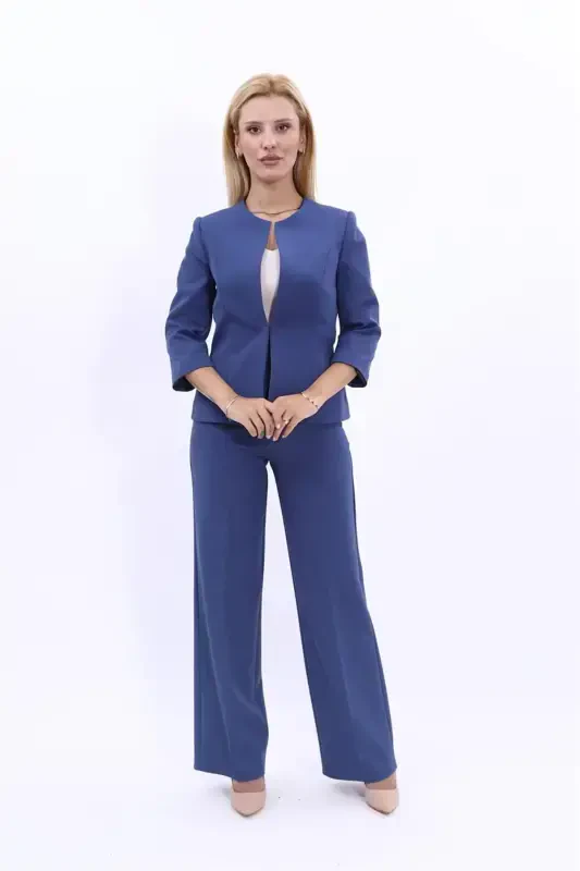 Oval Neck Short Jacket & Wide Leg Pants Set - Indigo - 5