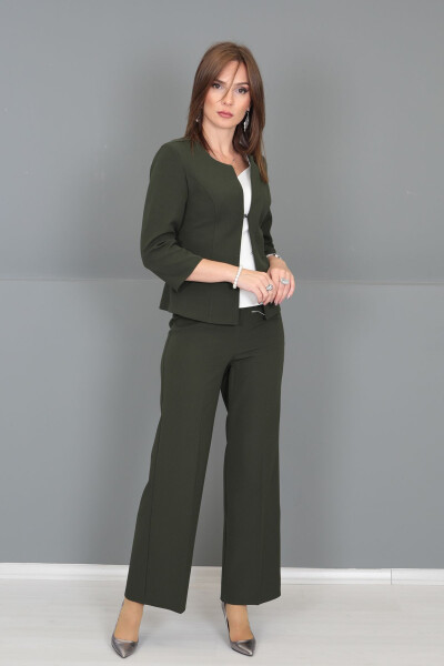 Oval Neck Short Jacket & Wide Leg Pants Set - Khaki - ÖNDER ÖZSOY (1)