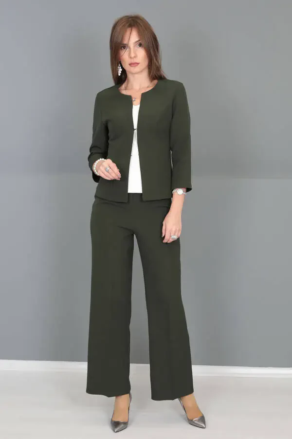Oval Neck Short Jacket & Wide Leg Pants Set - Khaki - 15