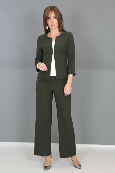 Oval Neck Short Jacket & Wide Leg Pants Set - Khaki - 16