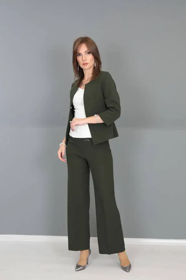 Oval Neck Short Jacket & Wide Leg Pants Set - Khaki - 22