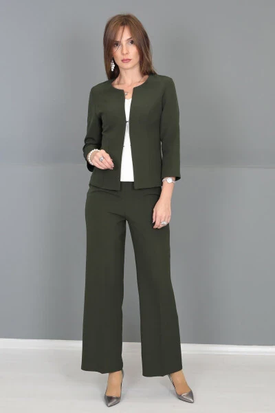 Oval Neck Short Jacket & Wide Leg Pants Set - Khaki - 7