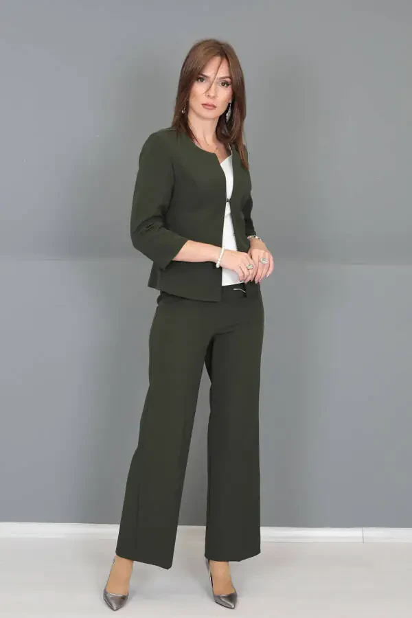 Oval Neck Short Jacket & Wide Leg Pants Set - Khaki - 10