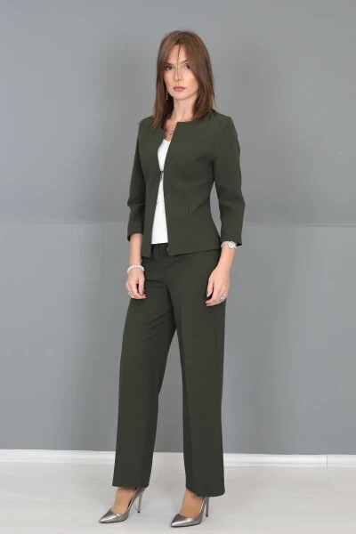 Oval Neck Short Jacket & Wide Leg Pants Set - Khaki - 12