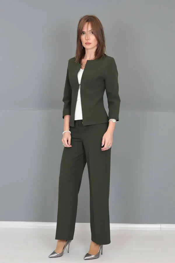 Oval Neck Short Jacket & Wide Leg Pants Set - Khaki - 3