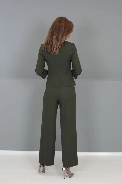 Oval Neck Short Jacket & Wide Leg Pants Set - Khaki - 5