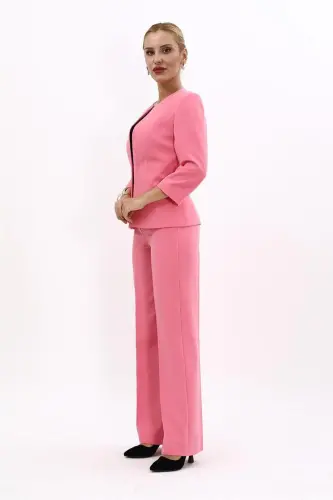 Oval Neck Short Jacket & Wide Leg Pants Set-Pink-Pink - ÖNDER ÖZSOY (1)