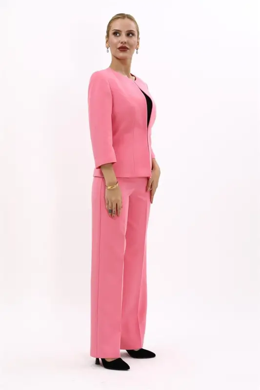 Oval Neck Short Jacket & Wide Leg Pants Set-Pink-Pink - 3