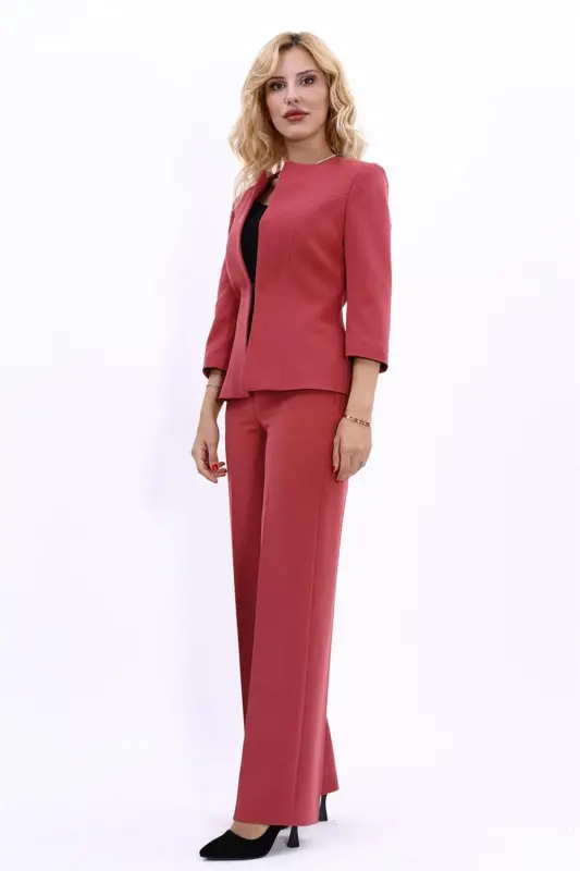 Oval Neck Short Jacket & Wide Leg Pants Set - Terracotta - 3