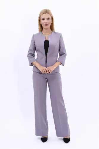 Oval Neck Short Jacket & Wide Leg Pants Suit-Anthracite-Anthracite - 1