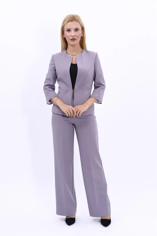 Oval Neck Short Jacket & Wide Leg Pants Suit-Anthracite-Anthracite - 1