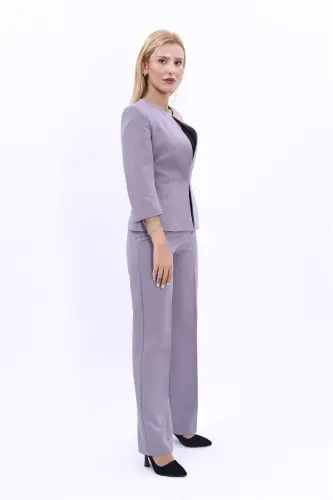 Oval Neck Short Jacket & Wide Leg Pants Suit-Anthracite-Anthracite - ÖNDER ÖZSOY (1)
