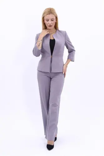 Oval Neck Short Jacket & Wide Leg Pants Suit-Anthracite-Anthracite - 3