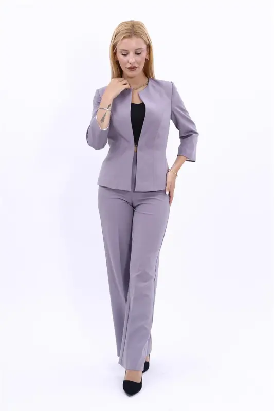 Oval Neck Short Jacket & Wide Leg Pants Suit-Anthracite-Anthracite - 3