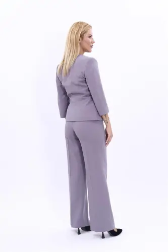 Oval Neck Short Jacket & Wide Leg Pants Suit-Anthracite-Anthracite - 4