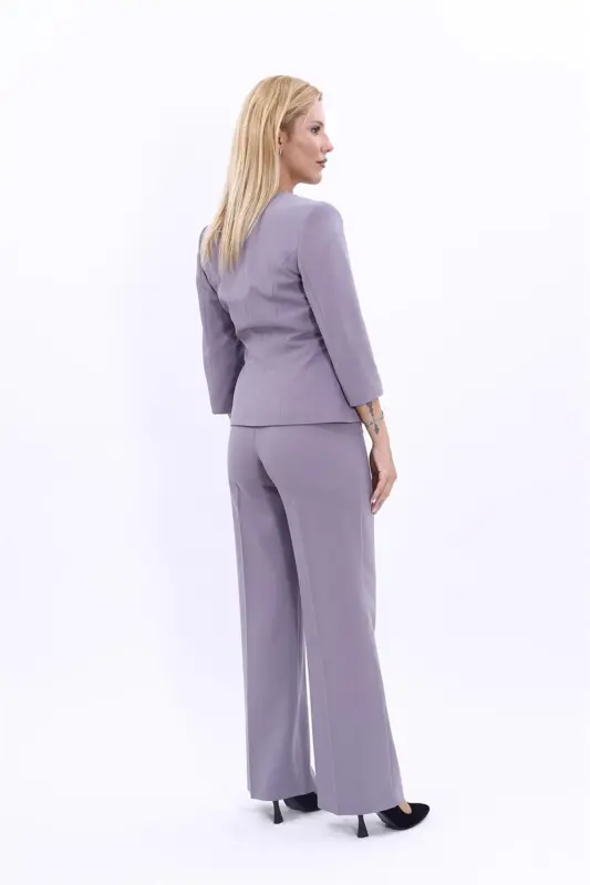 Oval Neck Short Jacket & Wide Leg Pants Suit-Anthracite-Anthracite - 4