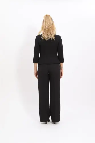 Oval Neck Short Jacket & Wide Leg Pants Suit - Black 